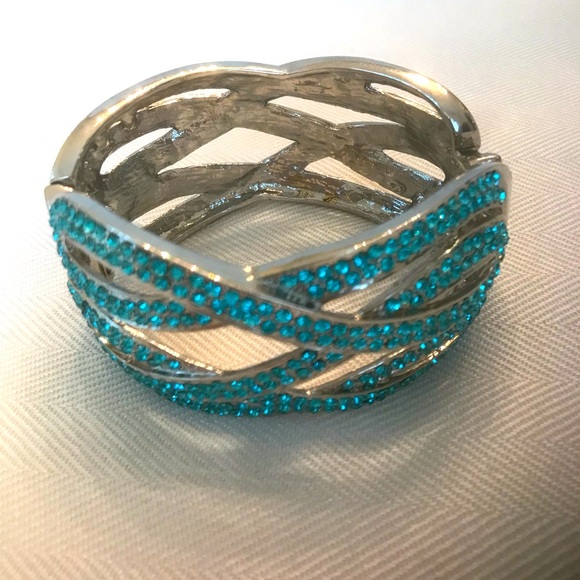 Silver Tone Cuff Bracelet with Aquamarine Crystals Set in Swirling Waves Design - Picture 2 of 7